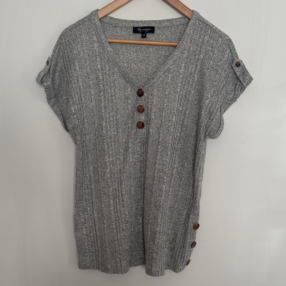 Lily Morgan Women Gray Henley Neck Dolman Short Sleeves Pullover Top Size L